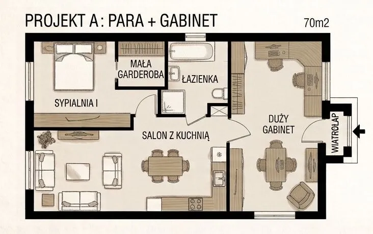 Przykładowy rzut domu 70 m² dla pary z gabinetem