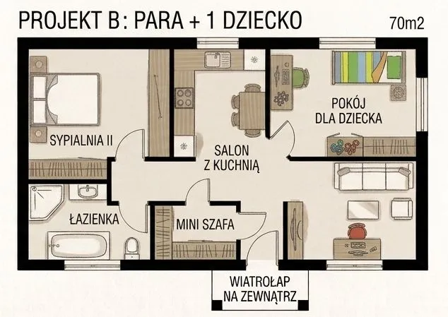 Przykładowy rzut domu 70 m² dla rodziny 2+1